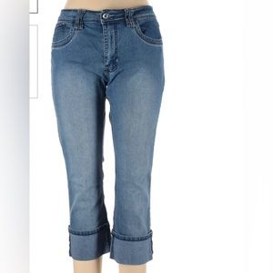 Angels Jeans with cuffs. Blue denim. Size 5. Five pockets, distressed.